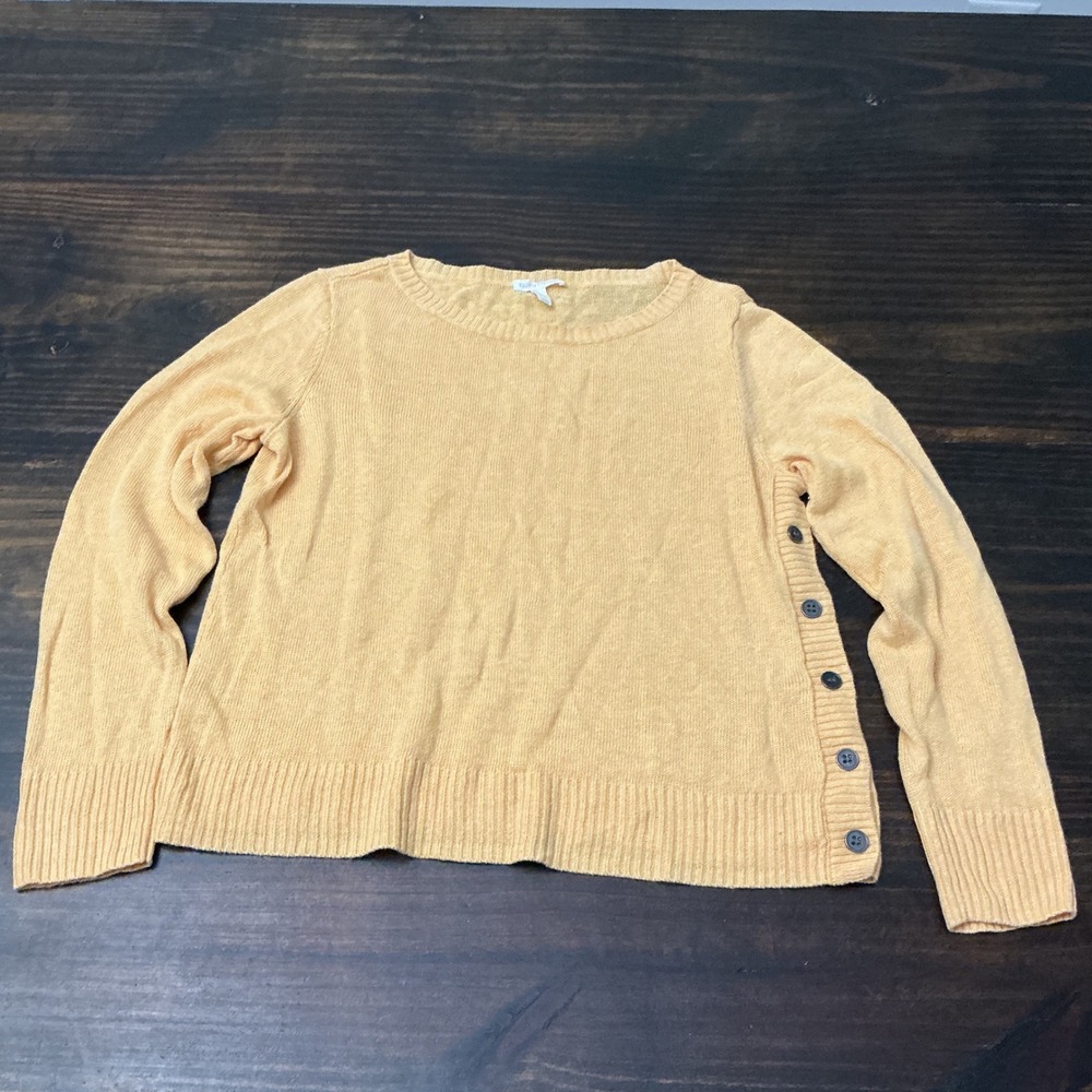 Eileen Fisher Yellow Mustard Organic Linen Side Button Knit Sweater Womens M